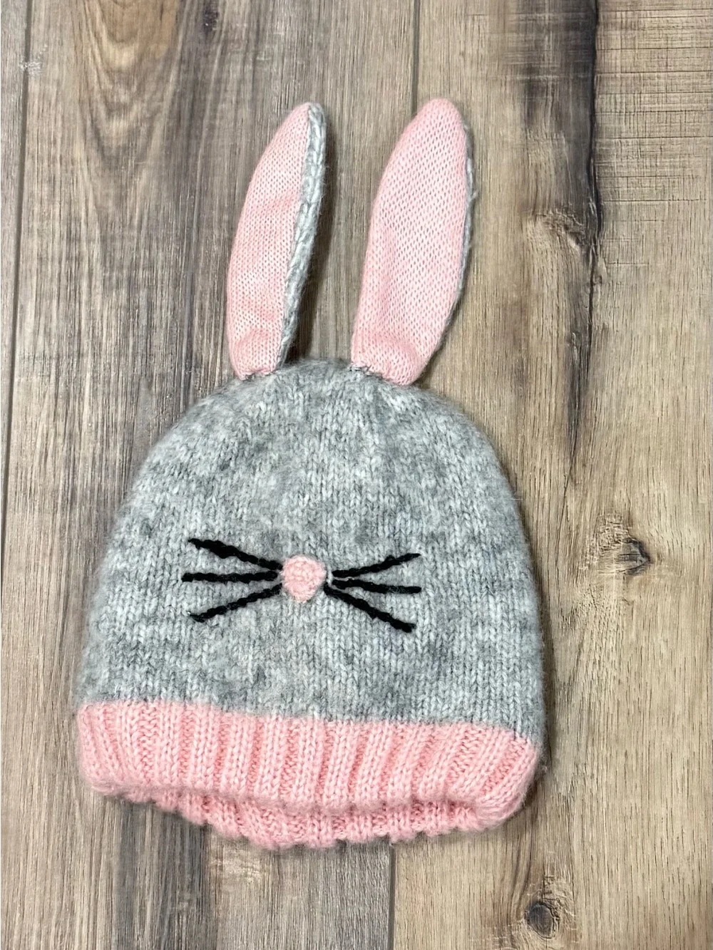 Girls Gray & Pink Bunny Rabbit Knit Winter Hat with Floppy Ears Wool Alpaca